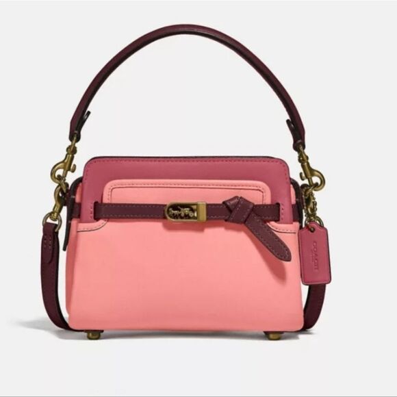 Coach TATE 18 Colorblock Top Handle 3 Compartment Bag Pink Burgundy - Picture 1 of 16